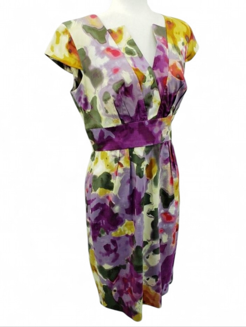 Calvin Klein Sheath Dress Sz 8 Multicolor Watercolor Print Cap Sleeve Surplice